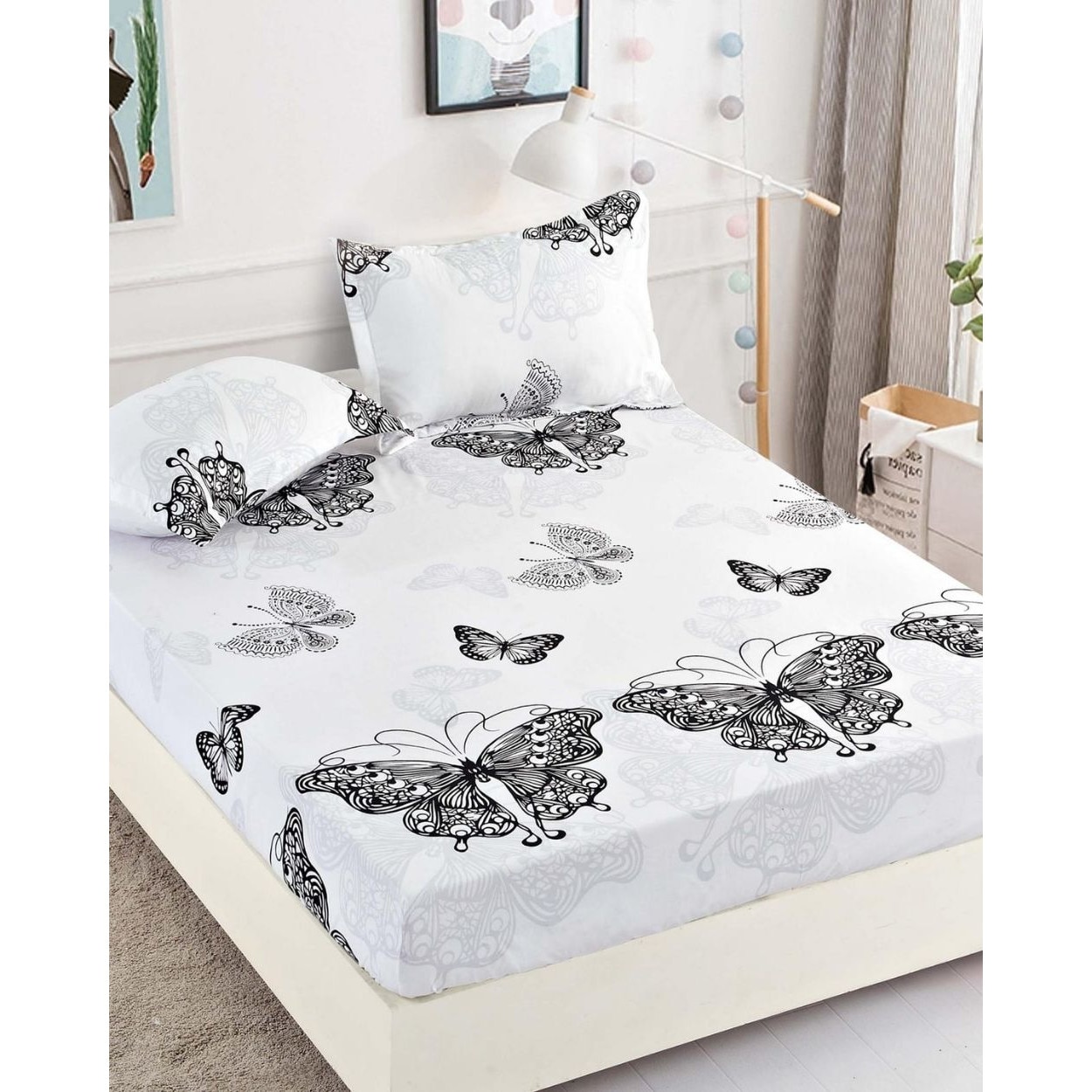 Husa de Pat cu Elastic cu 2 Fete de Perna pentru Pat Dublu, Black Butterflies, HBF-138