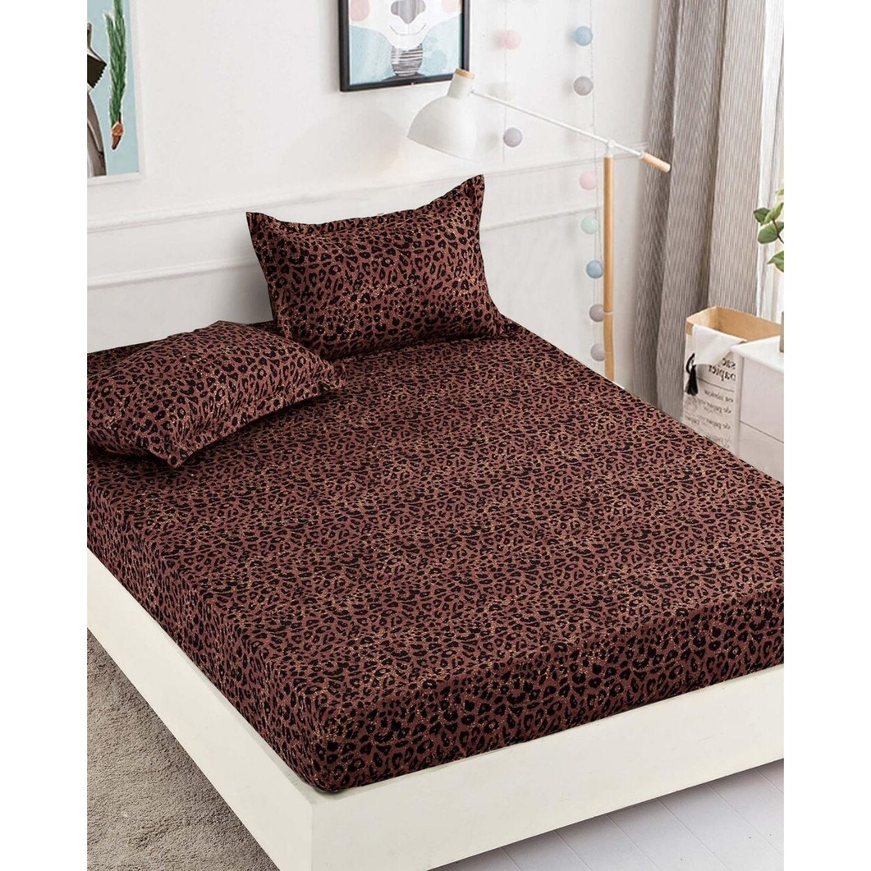 Husa de Pat cu Elastic cu 2 Fete de Perna pentru Pat Dublu, Leopard, HBF-141