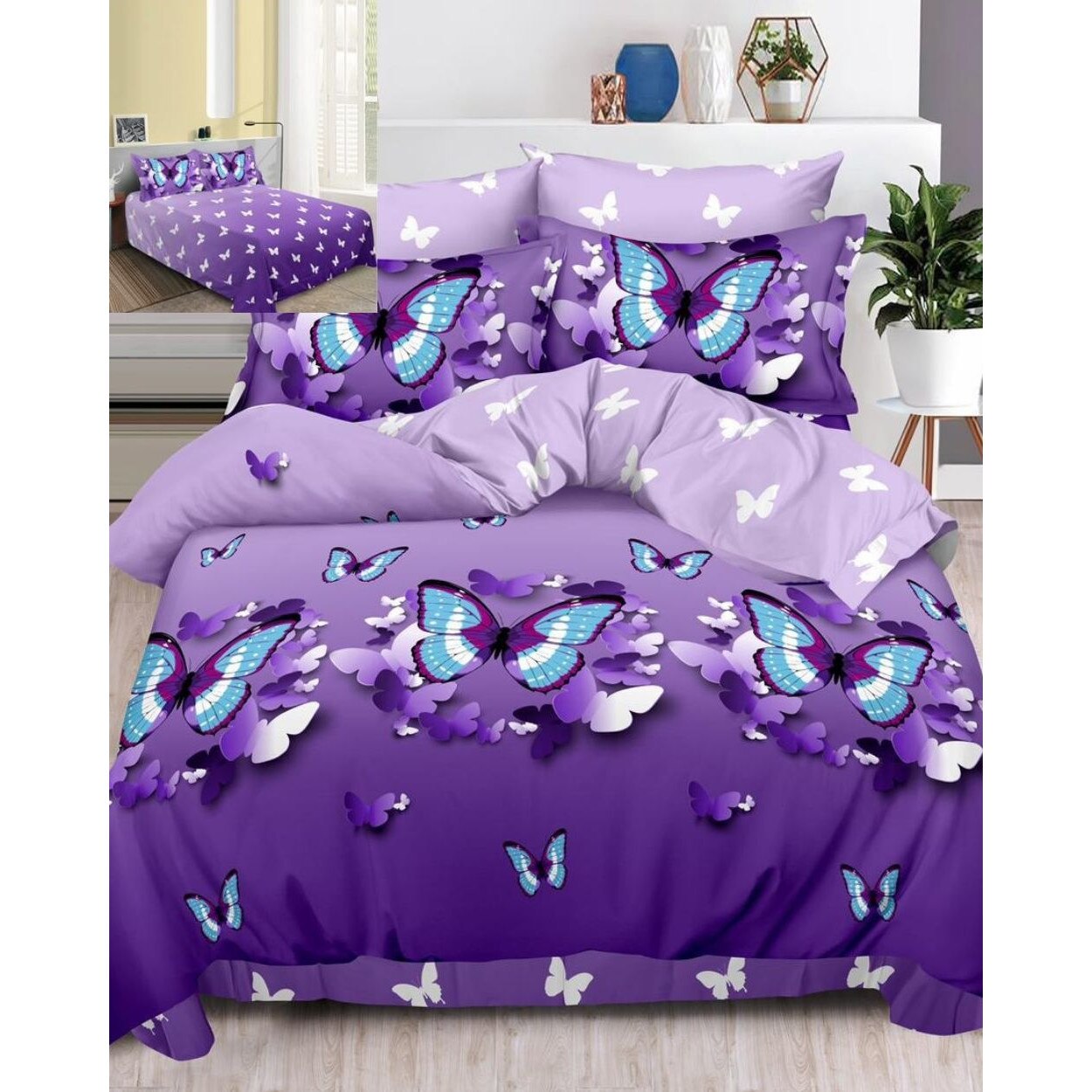 Set Lenjerie de Pat din Finet, 6 Piese, Pat 2 Persoane, Fluturi Violet, FN-533