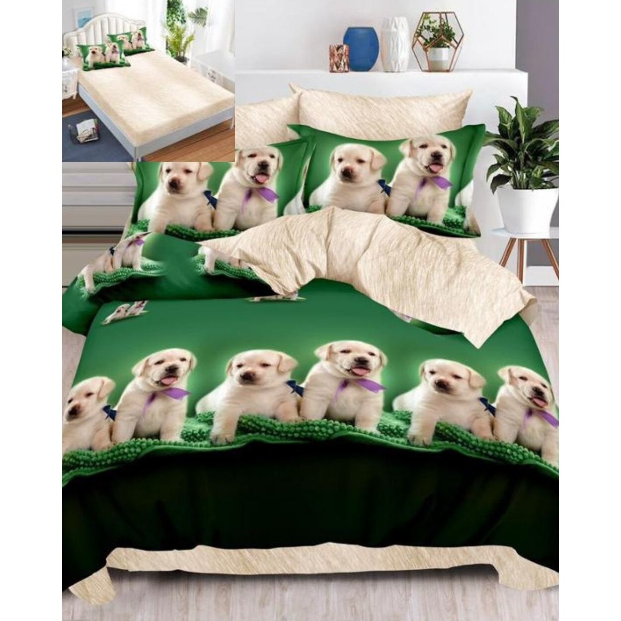 Set Lenjerie Finet, Cearceaf de Pat cu Elastic, 6 Piese, Pat 2 Persoane, Labrador Dogs, FNE-148