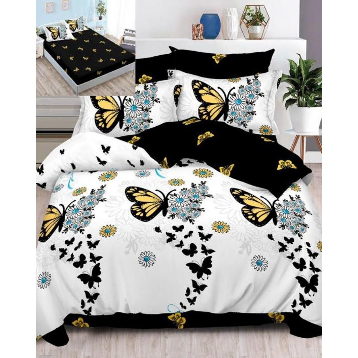 Set Lenjerie Finet, Cearceaf de Pat cu Elastic, 6 Piese, Pat 2 Persoane, Royal Butterflies, FNE-151