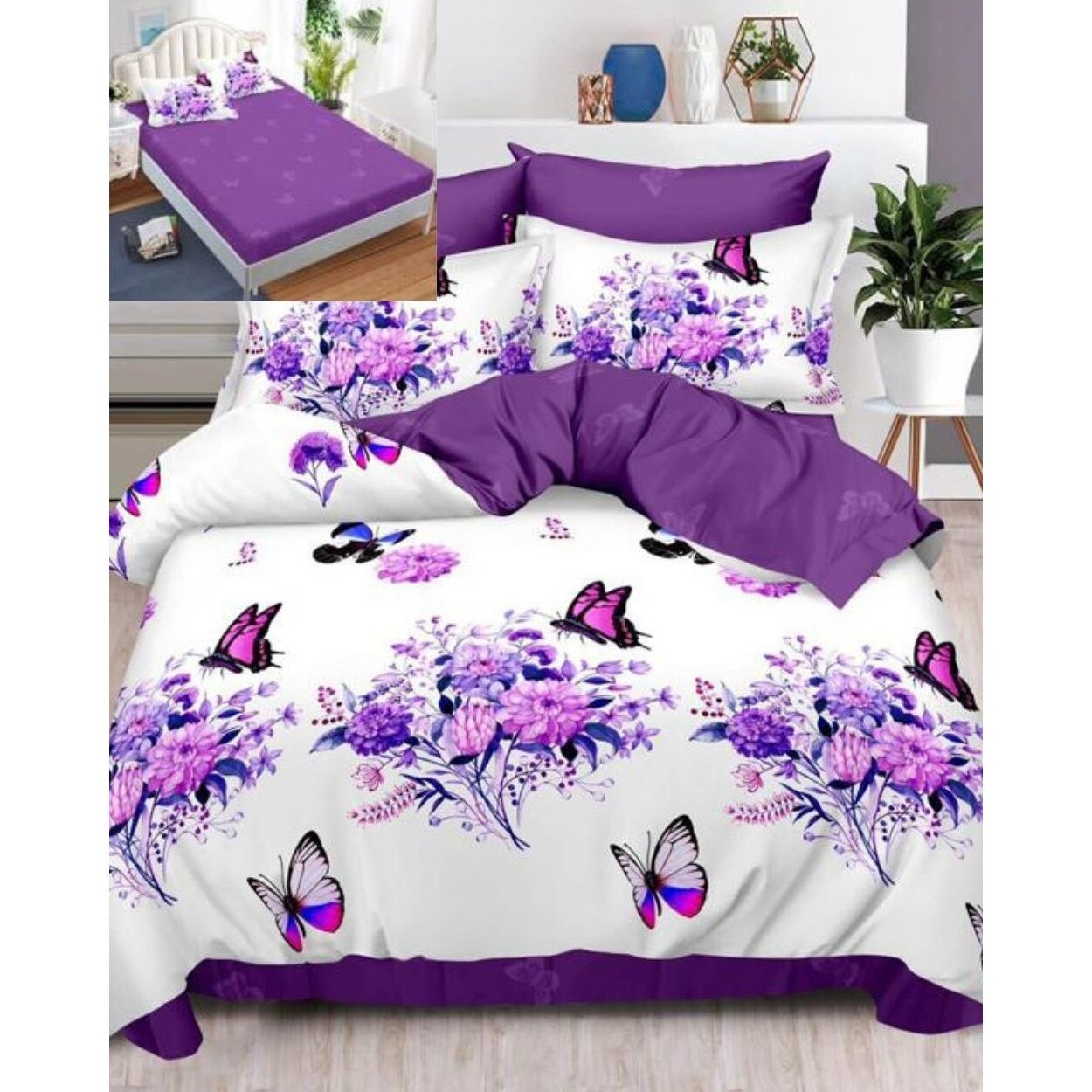 Set Lenjerie Finet, Cearceaf de Pat cu Elastic, 6 Piese, Pat 2 Persoane, Purple Flowers, FNE-153