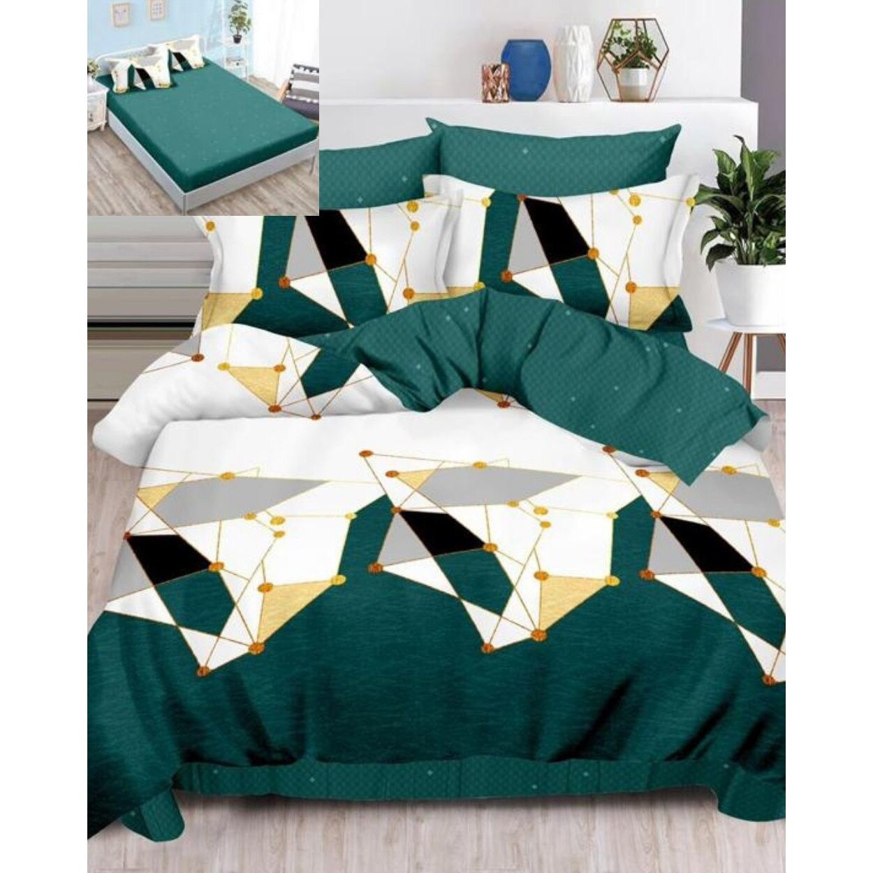 Set Lenjerie Finet, Cearceaf de Pat cu Elastic, 6 Piese, Pat 2 Persoane, Forme Geometrice, FNE-147