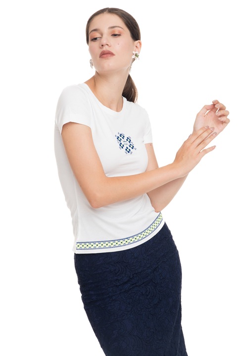 Tricou The Dresser, bumbac organic, alb, broderie frontala, galben neon si albastru electric