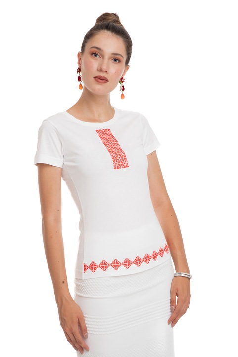 Tricou The Dresser, bumbac organic, alb, broderie frontala drepunghiulara, rosu neon
