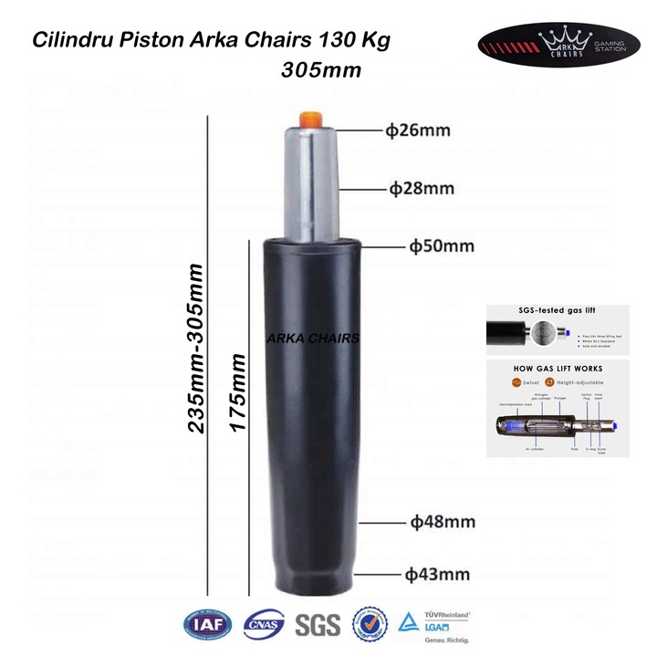 Cilindru Piston Arka Chairs 305 mm, clasa 3 Profesional, negru rosu pentru scaun gaming, scaun directorial, scaun birou, scaun ergonomic