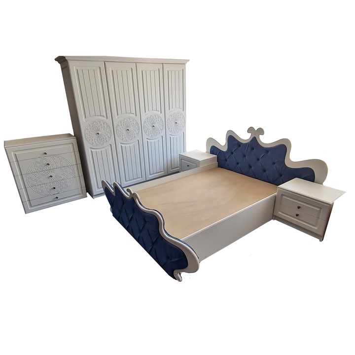 Set dormitor Royal alb - albastru, cu pat si noptiere, dulap 4 usi, comoda MDF