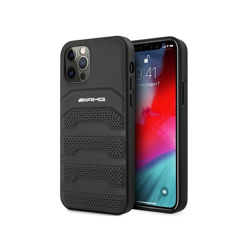 Husa Spate Premium Mercedes Amg Compatibila Cu iPhone 12 / 12 Pro Piele Naturala, Debossed Lines, Negru - 39013936