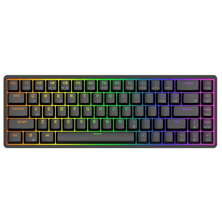 Royal Kludge RKG68 mechanikus gaming billentyűzet, 68 gomb, hotswap, RGB világítás, 65%, Keycaps ABS dupla felvétel, vezeték nélküli vagy kábeles csatlakozás, akkumulátor 1450 mAh, hordozható, fekete