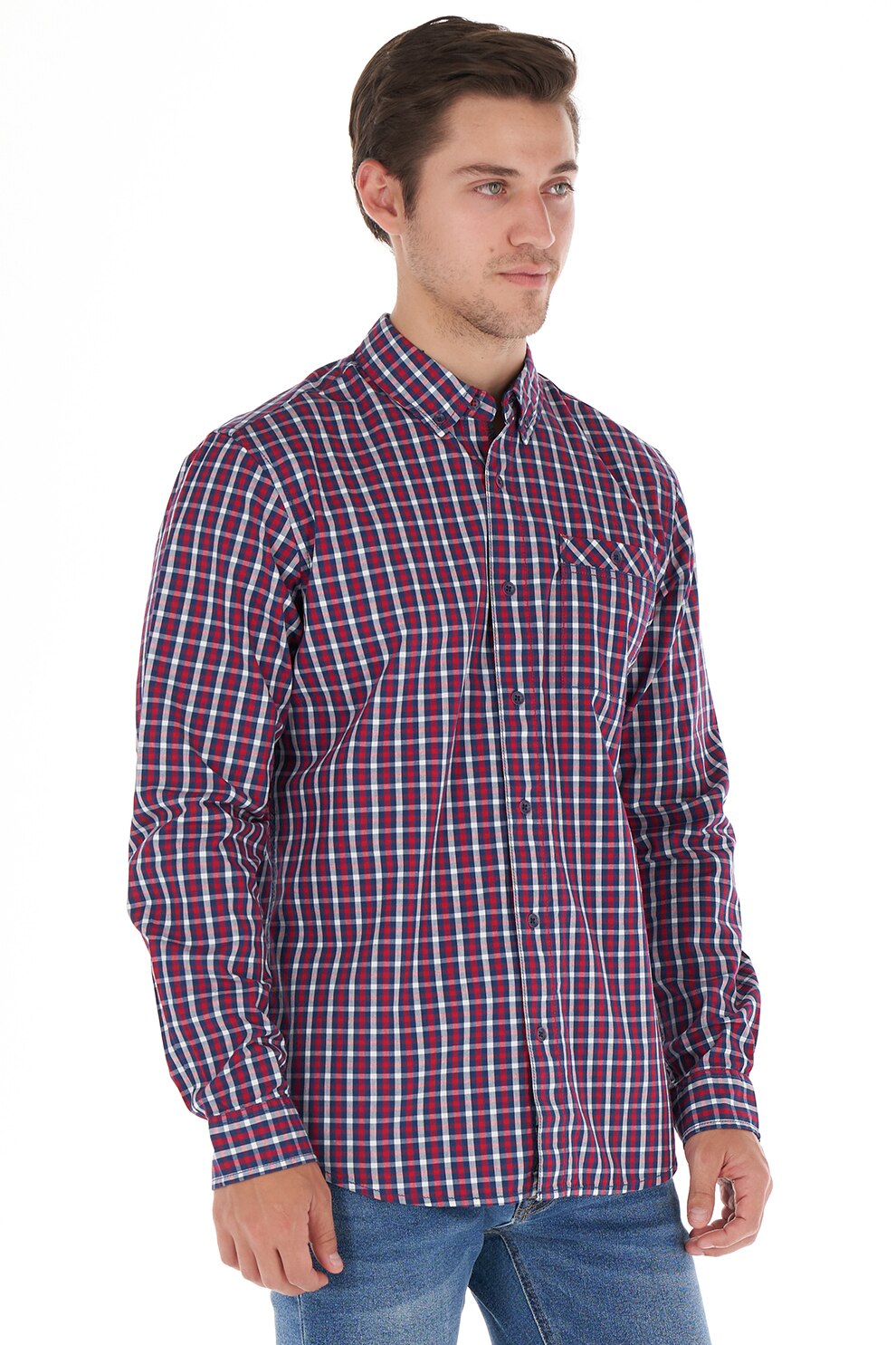 Lee Cooper, Camasa slim fit cu model in carouri, Rosu/Bleumarin/Alb