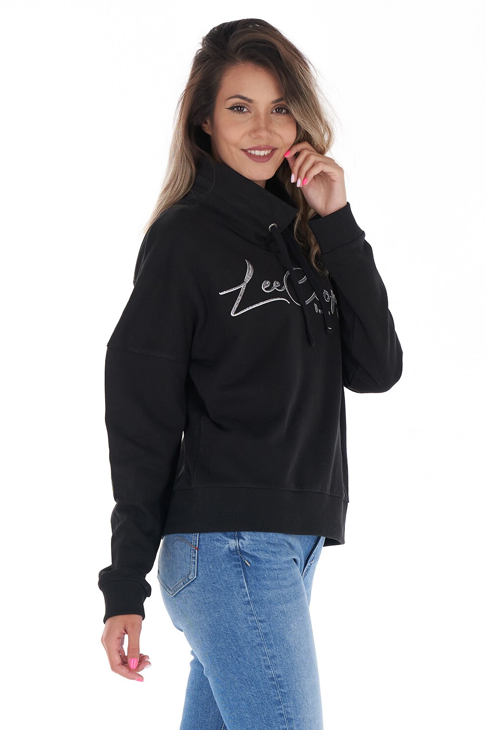 Lee Cooper, Bluza sport cu imprimeu logo si guler inalt, Negru/Alb