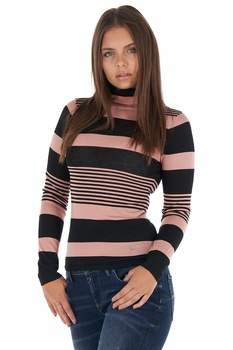 Lee Cooper, Pulover tricotat fin cu guler inalt si model in dungi, Negru/Roz Lee Cooper, Pulover tricotat fin cu guler inalt si model in dungi, Negru/Roz