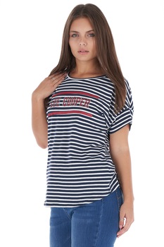 Lee Cooper, Tricou cu dungi si imprimeu logo, Bleumarin/Alb/Rosu stins Lee Cooper, Tricou cu dungi si imprimeu logo, Bleumarin/Alb/Rosu stins