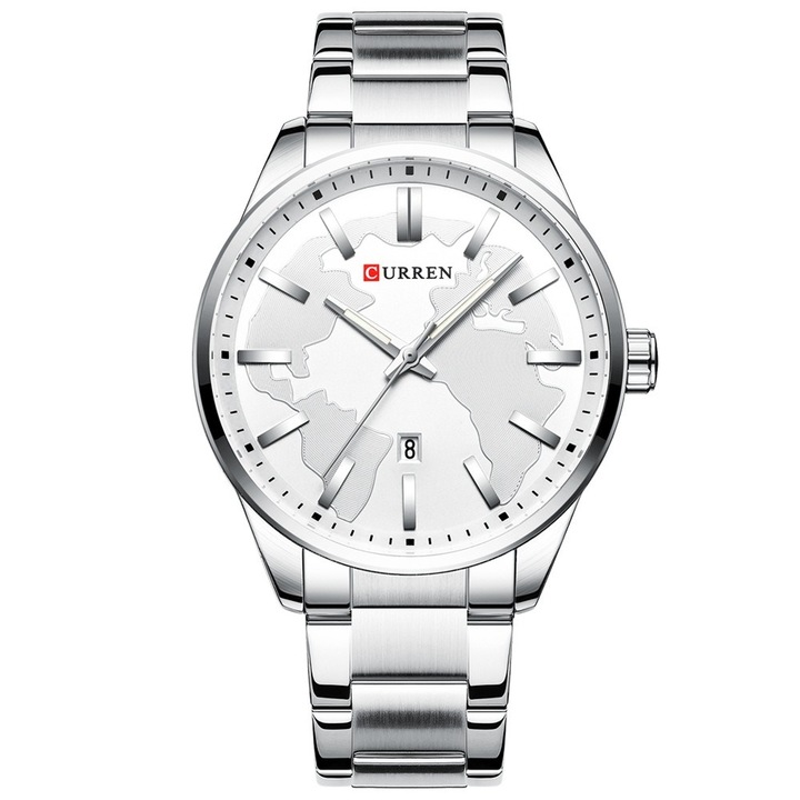 Мъжки часовник Curren Continental, Неръждаема стомана, Сребрист / Бял