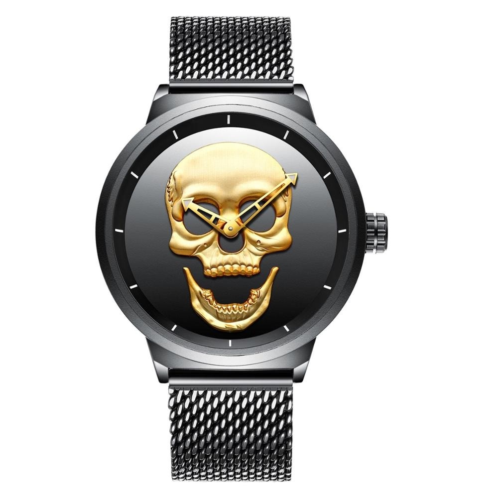 Ceas barbatesc Biden Skull, Otel inoxidabil, Aur / Mesh