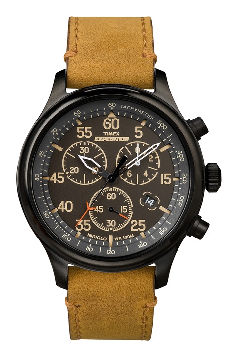 Timex, Часовник Expedition с хронограф и кожена каишка, 43 мм, Камел