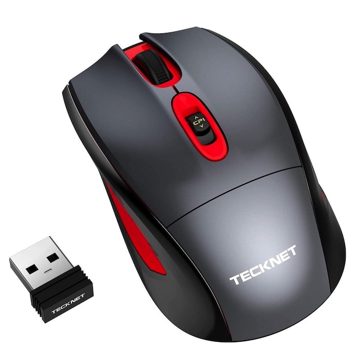 Mouse fara fir mouse wireless ergonomic pentru Mac si PC - TeckNet EWM01255RA01 negru-rosu