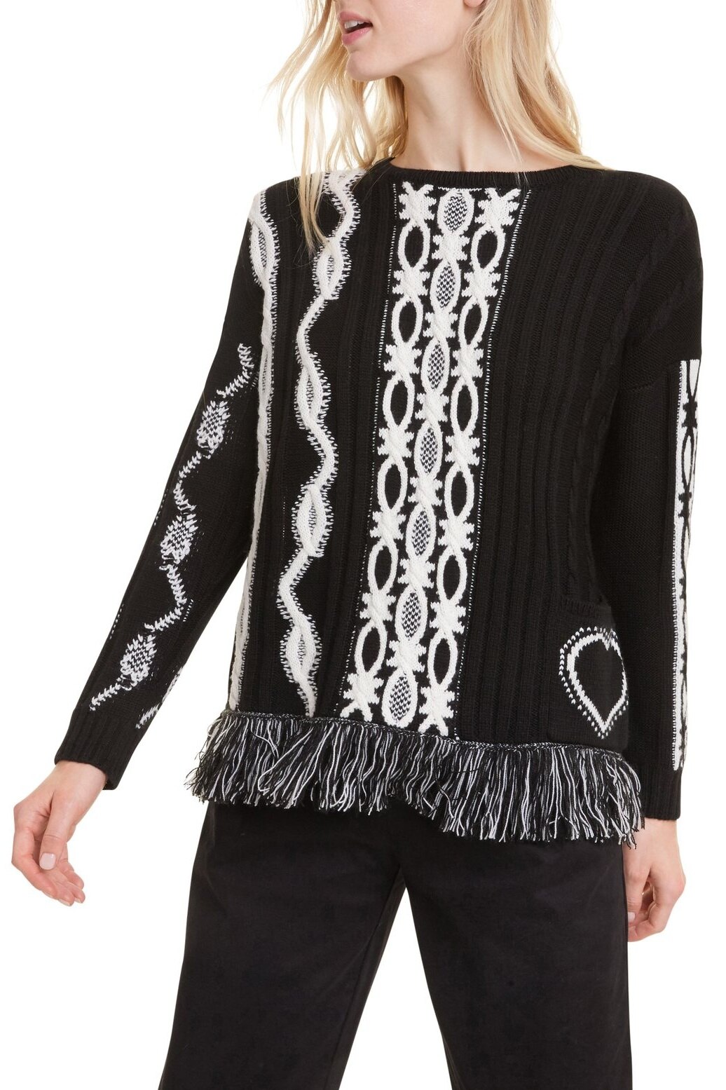 Pulover, Desigual, 19WWJFA1, Alb/Negru, S