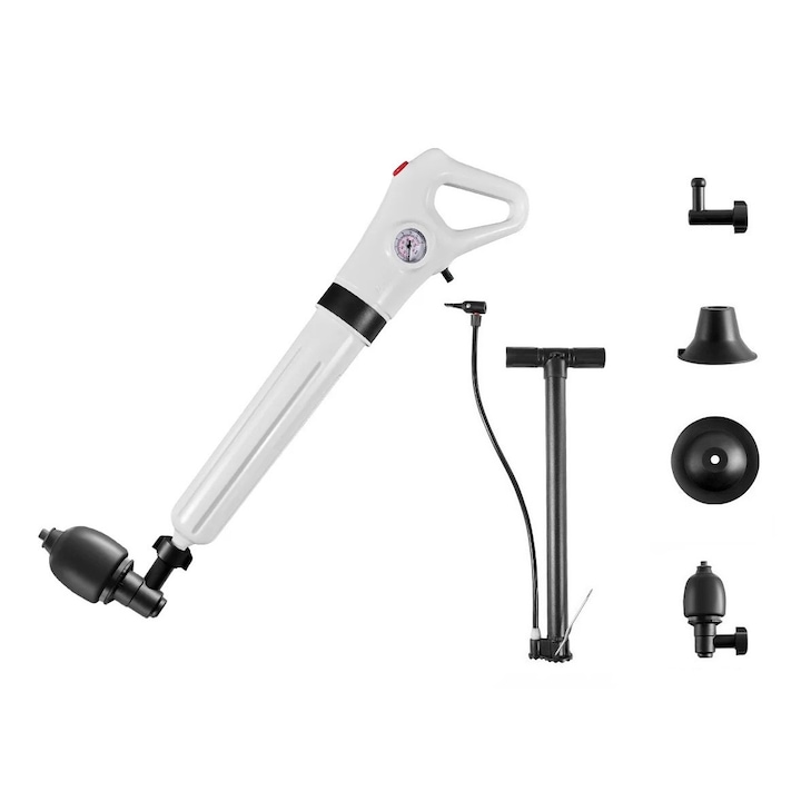 Pompa cu Aer Comprimat pentru Desfundat Tevi Infundate de Chiuveta, Cada, Dus, WC, 4 Accesorii, Pompa, Alb