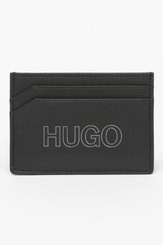HUGO, Portofel si portcart din piele cu detaliu logo, Negru HUGO, Portofel si portcart din piele cu detaliu logo, Negru