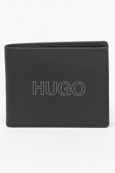 HUGO, Portofel din piele cu detaliu logo, Negru HUGO, Portofel din piele cu detaliu logo, Negru