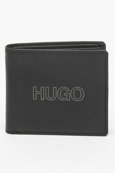 HUGO, Portofel pliabil din piele cu imprimeu logo, Negru HUGO, Portofel pliabil din piele cu imprimeu logo, Negru