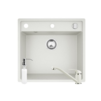 Pachet 3in1 chiuveta granit Pyramis Cristal, baterie si dozator detergent lichid, 530x500mm, adancime 190mm, montare pe blat, Snow Pachet 3in1 chiuveta granit Pyramis Cristal, baterie si dozator detergent lichid, 530x500mm, adancime 190mm, montare pe blat, Snow