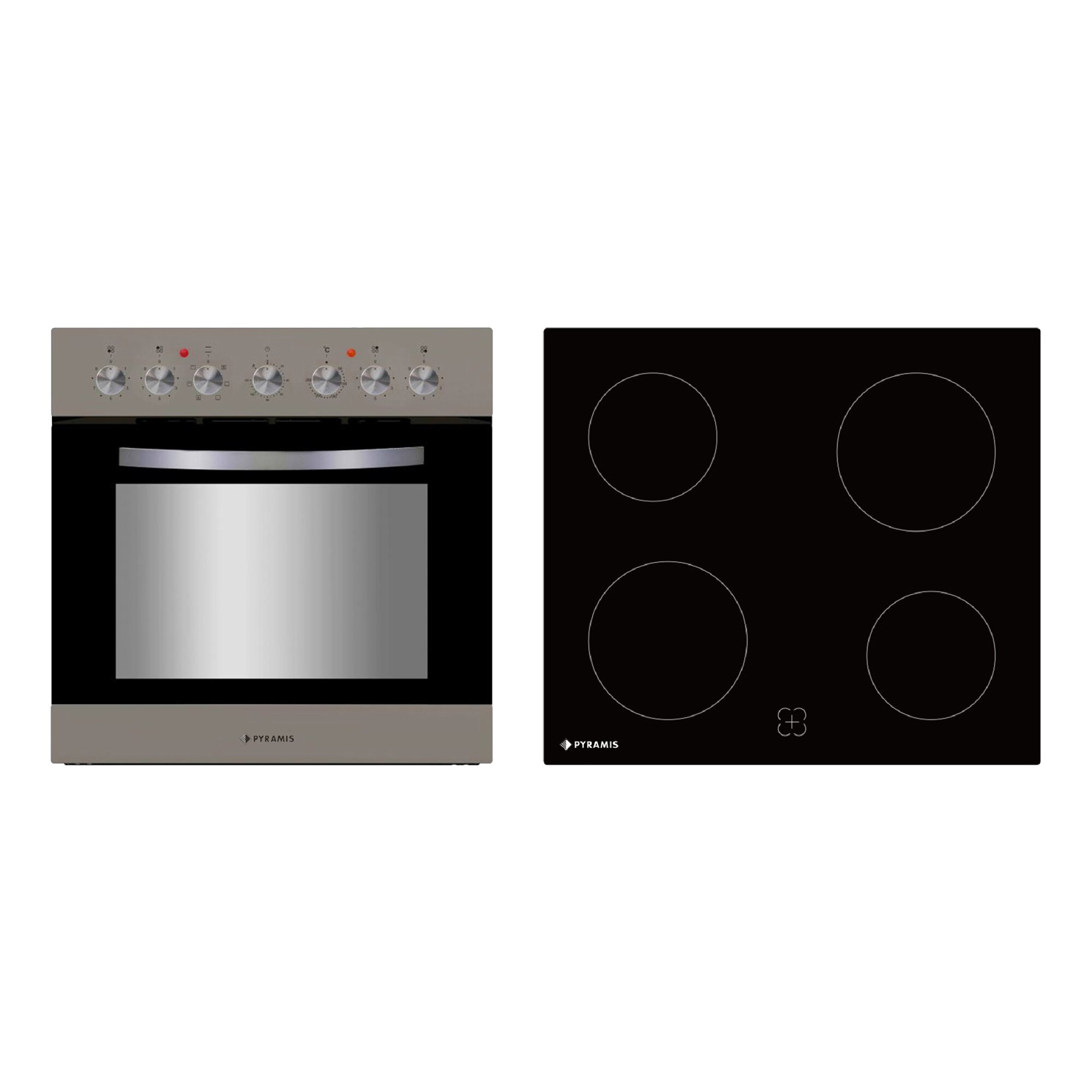 Pachet combinat Pyramis KTP65B1, cuptor electric, Clasa A, 76 l, 6 functii si plita electrica vitroceramica, sticla neagra si inox