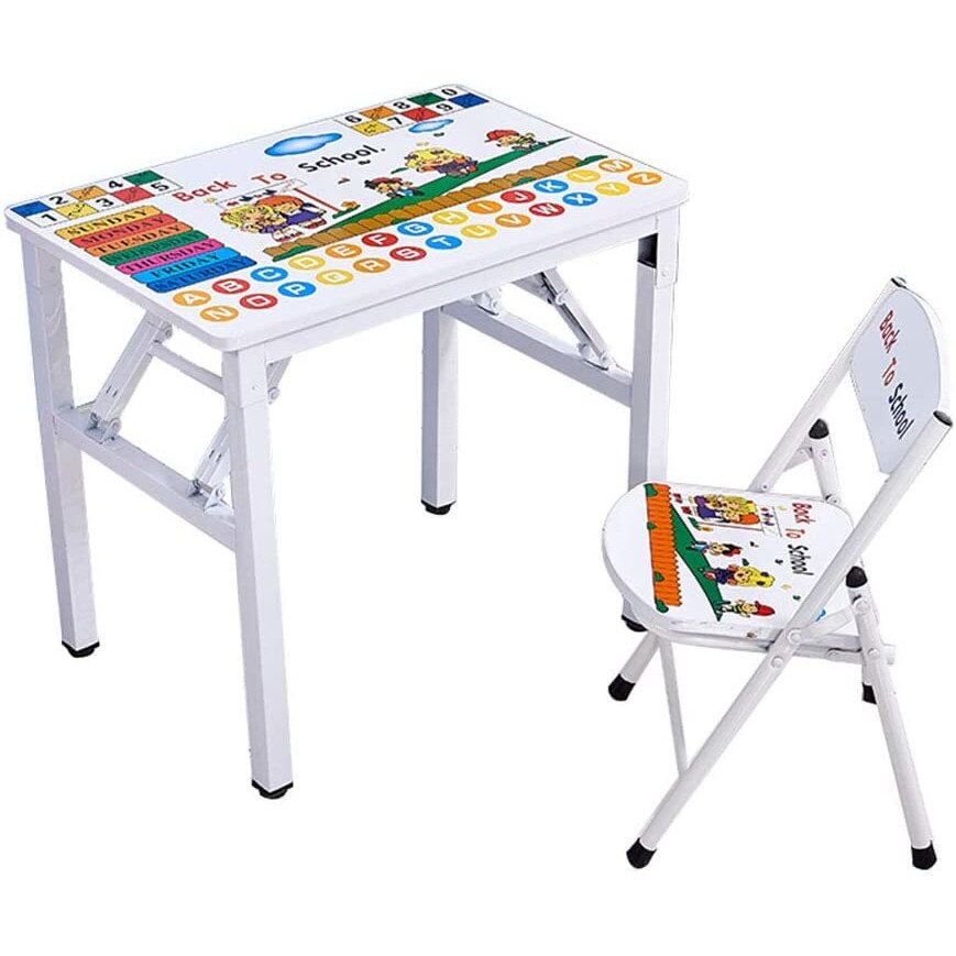 Set birou cu scaun pentru copii, pliabile, din metal si lemn, design interactiv, alb, buz®