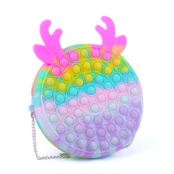 Jucarie interactiva Pop it, tip Geanta pentru fetite, model ren, cu lantisor detasabil Multicolor pastel Jucarie interactiva Pop it, tip Geanta pentru fetite, model ren, cu lantisor detasabil Multicolor pastel