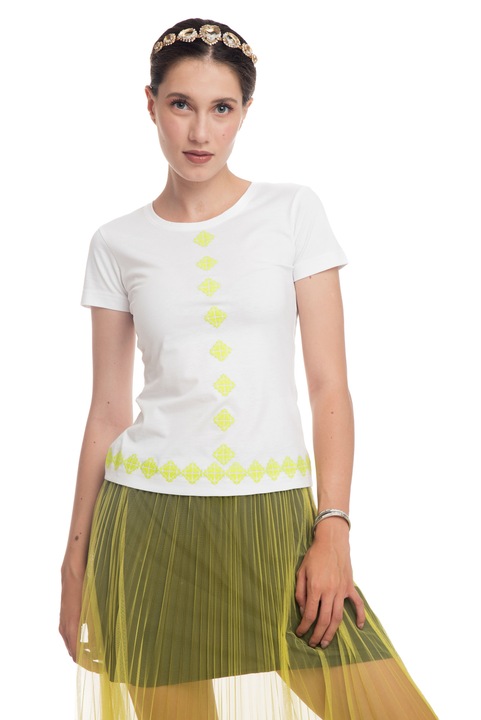 Tricou The Dresser, bumbac organic, alb, broderie frontala, galben neon