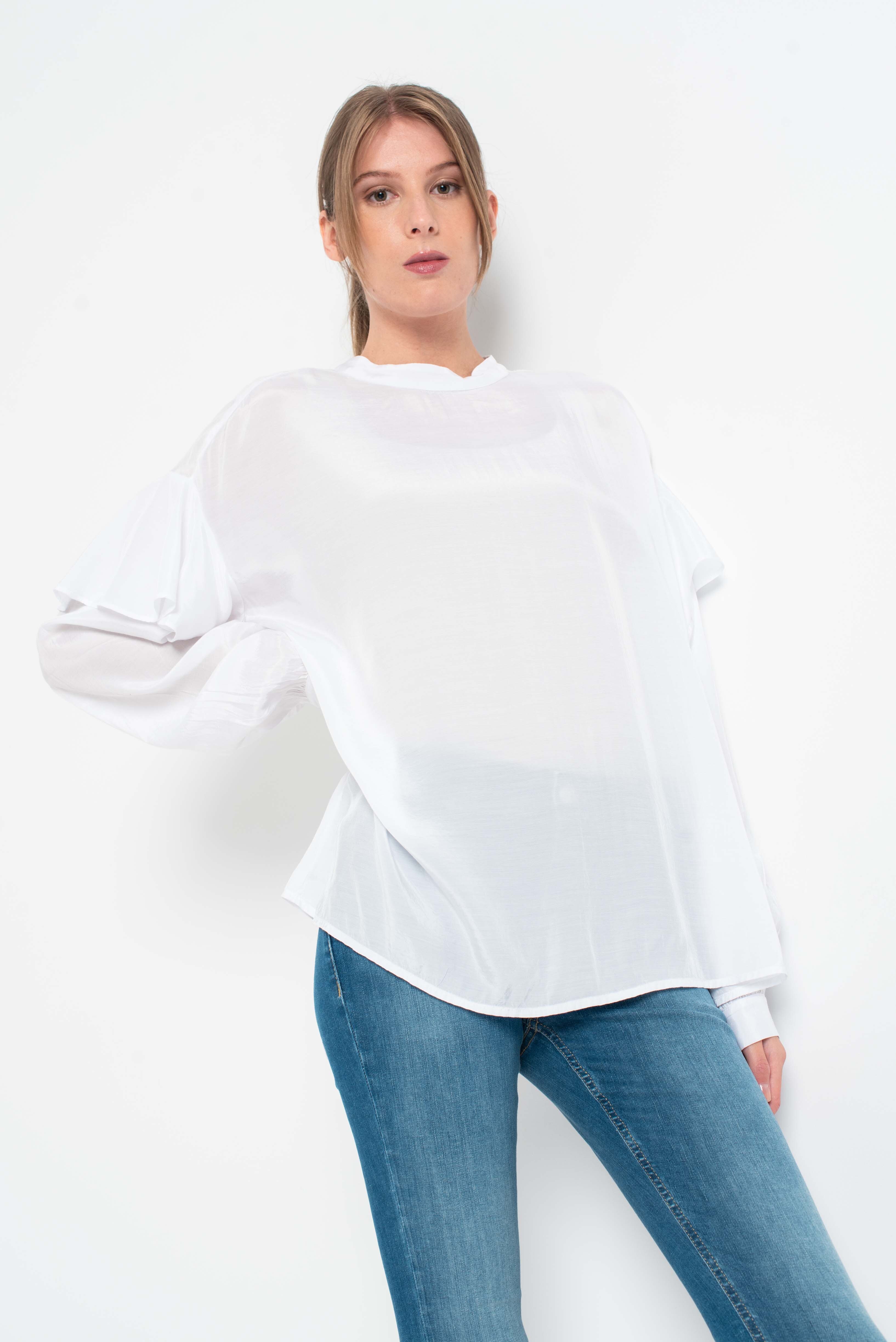 United Colors of Benetton, Bluza din satin cu volane, Alb prafuit