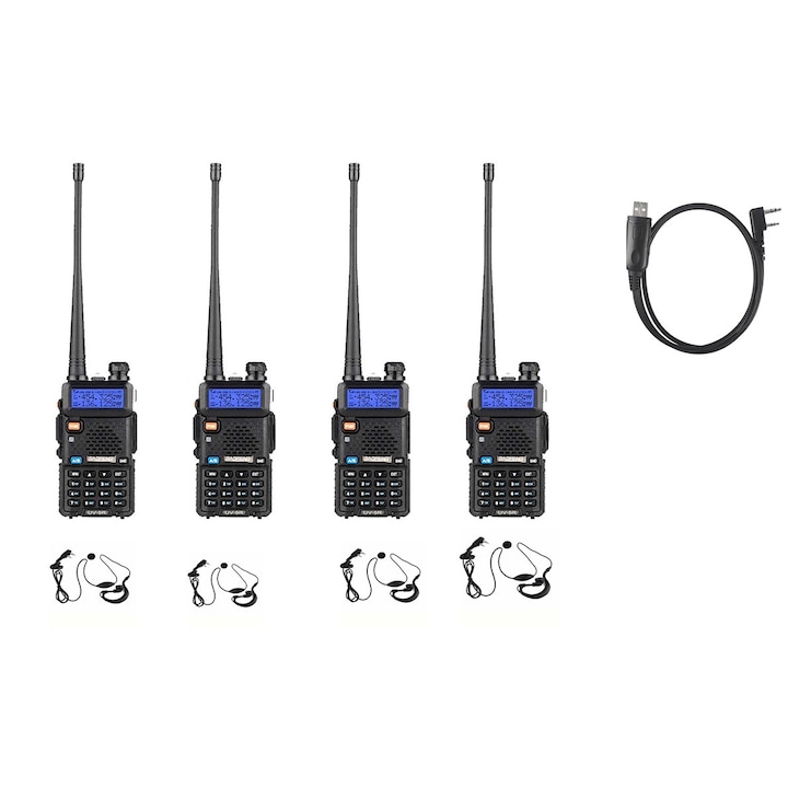 Set 4 statii radio portabile Baofeng UV-5R, putere emisie 8W, Dual-Band 136-174 / 400-520 Mhz, cablu de programare inclus