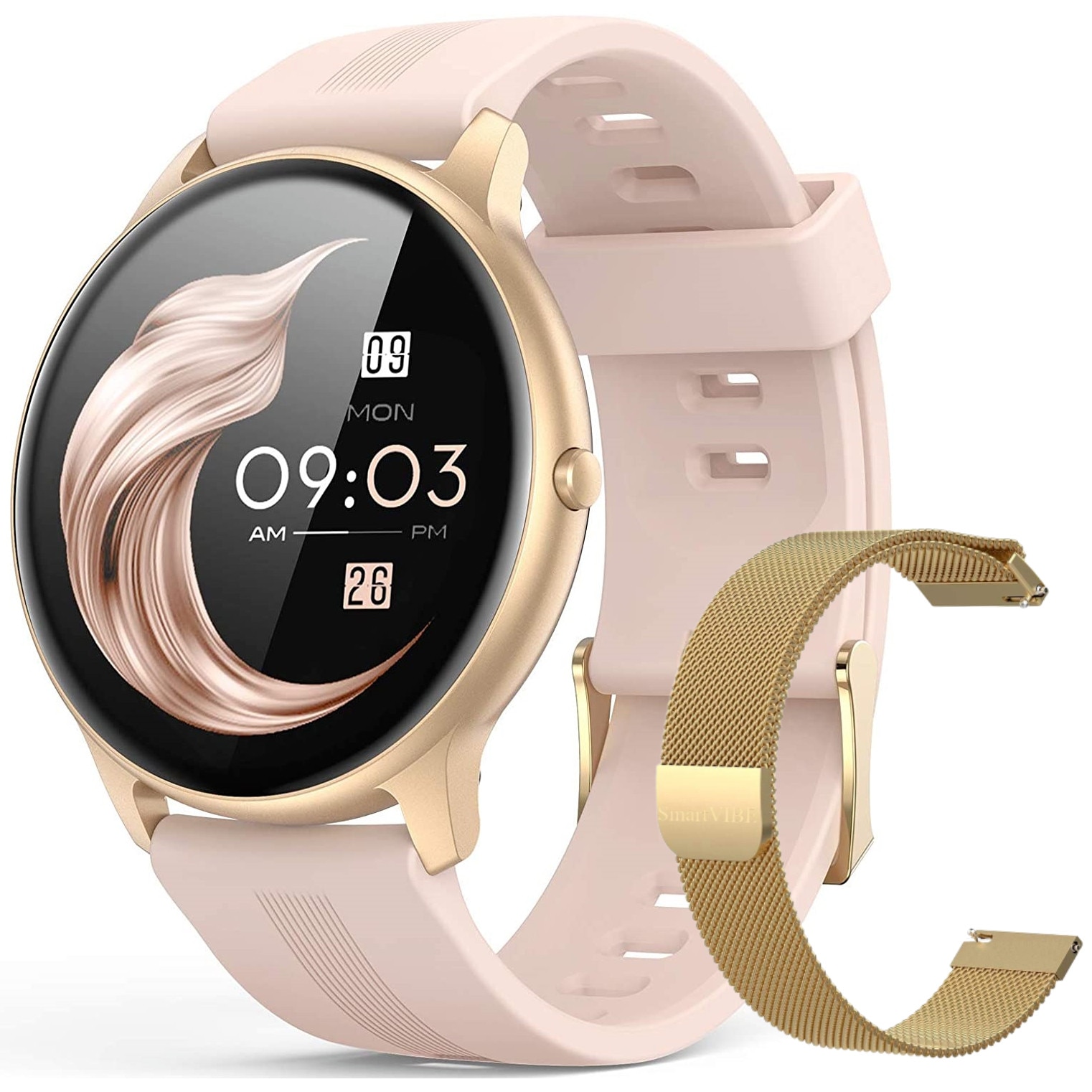 Ceas SmartWatch si Bratara Fitness 2in1 WiX™, Carcasa UltraSlim, Apelare Bluetooth FULL Touch Fitness Tracker, Monitorizare Ritm Cardiac, Oximetru SpO2, Notificari Apeluri/Social Media, Autonomie 10 zile, Multi Sport, Calorii, SmartVIBE, Gold Edition