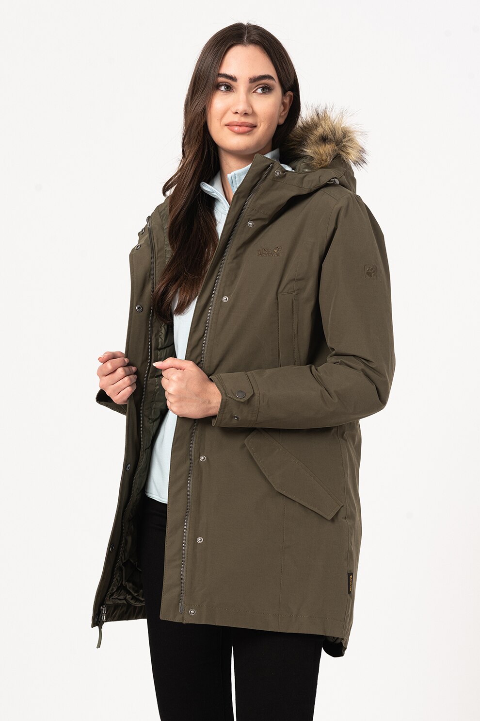 Jack Wolfskin, Geaca parka cu gluga si vatelina Wildwood, Verde militar