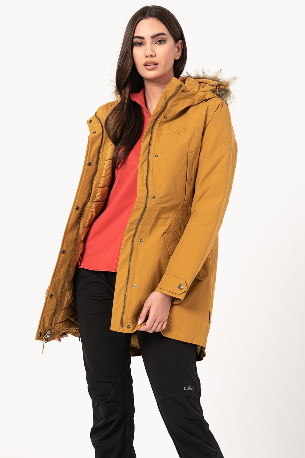 Jack Wolfskin, Geaca parka cu gluga si vatelina Wildwood, Galben mustar