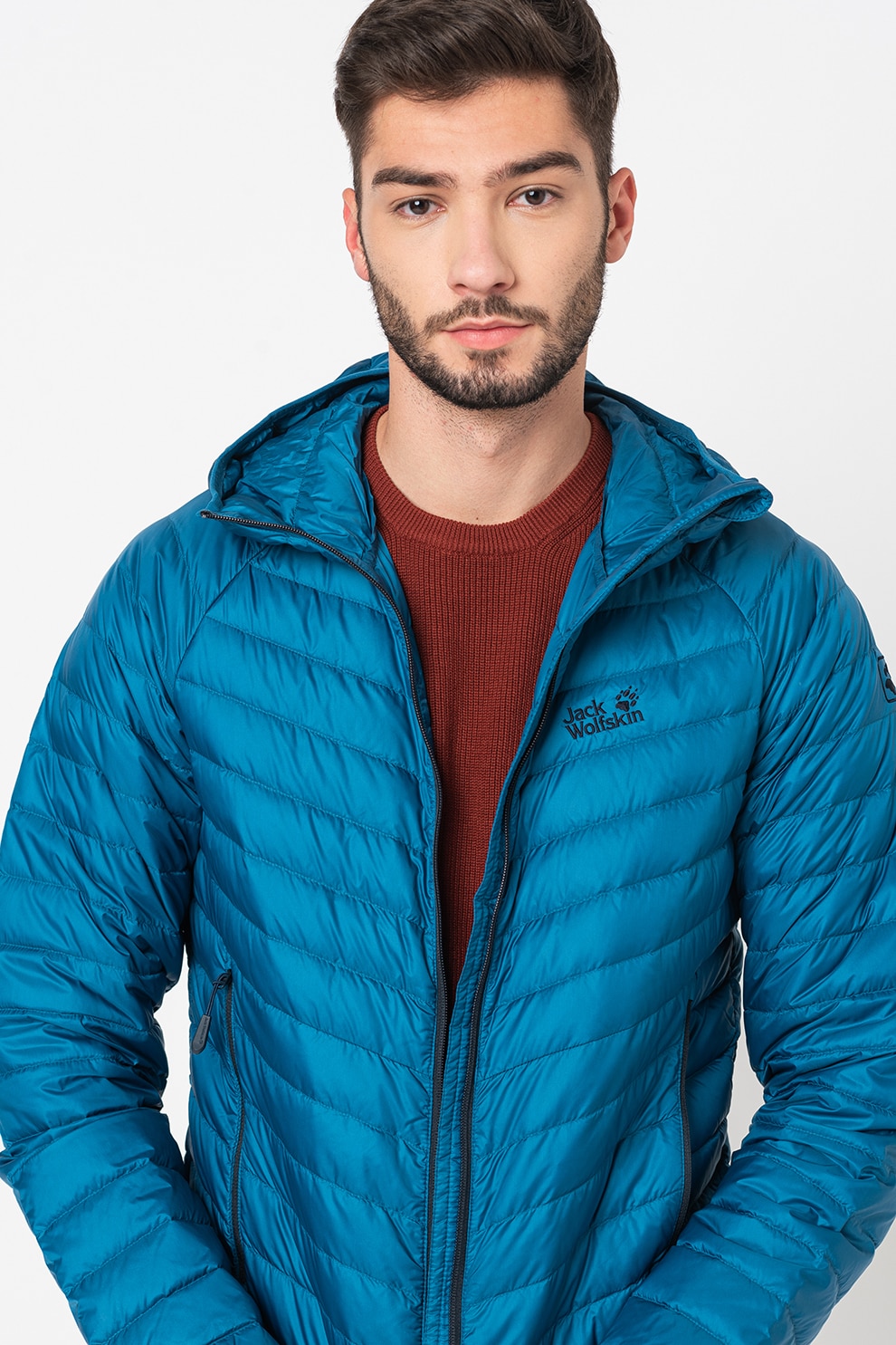 Jack Wolfskin, Geaca din material ce indeparteaza umezeala, cu umplutura de puf si maneci raglan Atmosphere, Albastru petrol, M