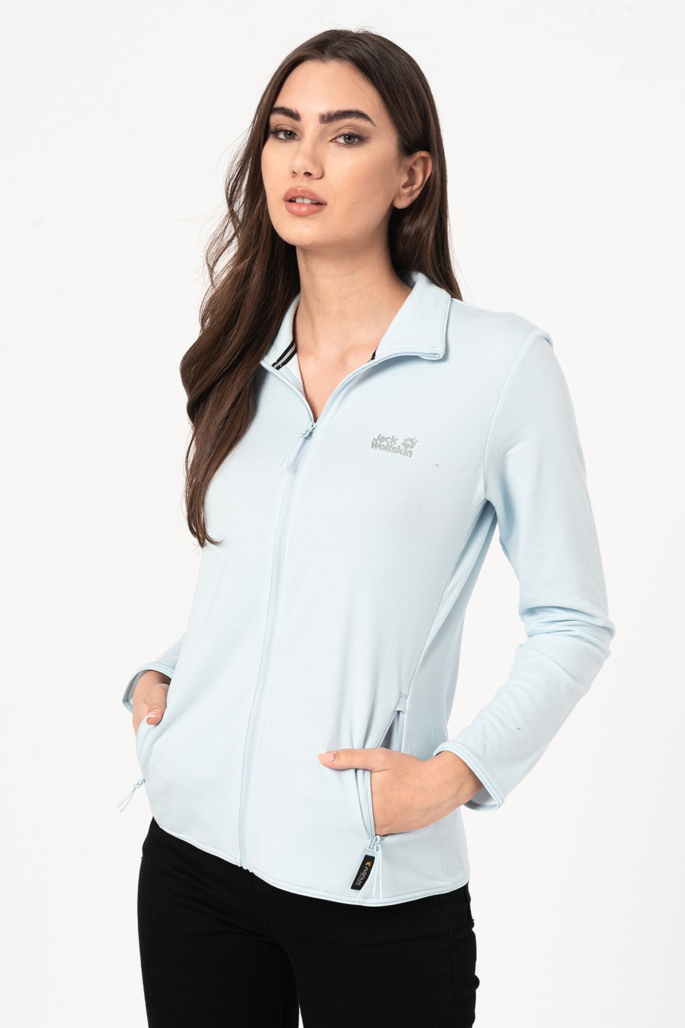 Jack Wolfskin,Bluza sport din material ce transfera umezeala si fleece cu fermoar pentru drumetii JWP, Albastru pastel