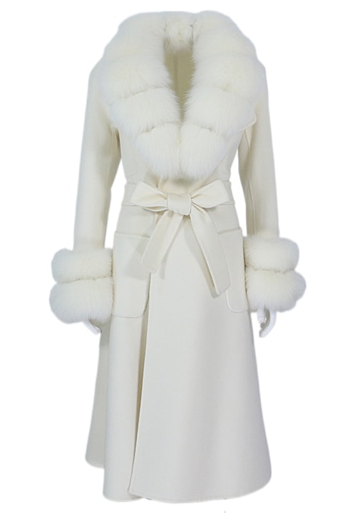 Palton din lana, cu blana naturala de vulpe, Alb
