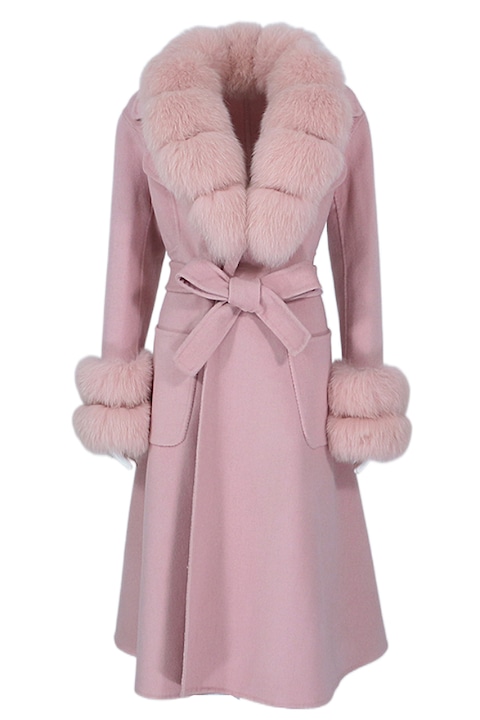 Palton din lana, cu blana naturala de vulpe, Roz