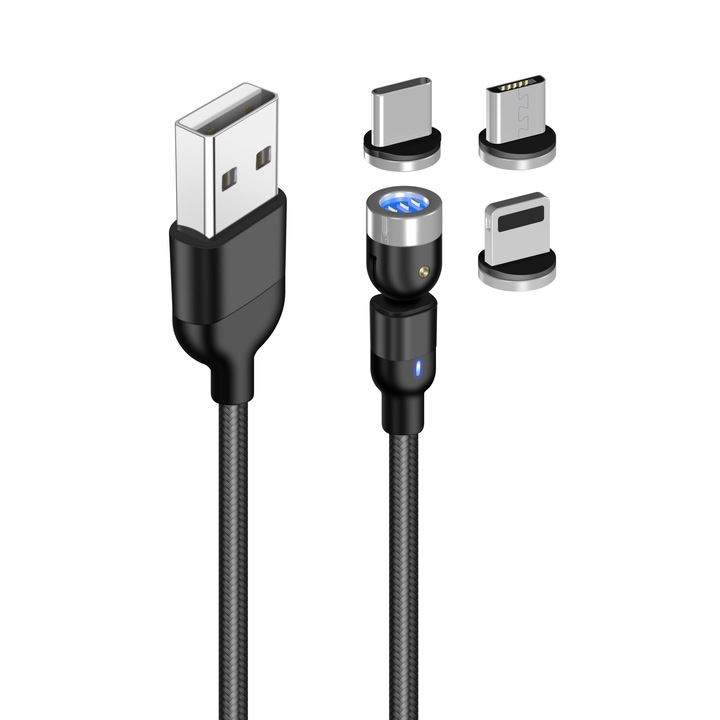 Магнитен USB кабел, GOGOU, за зареждане и пренос на данни 3 в 1, завъртане на 360 градуса, дължина 2 метра, черен