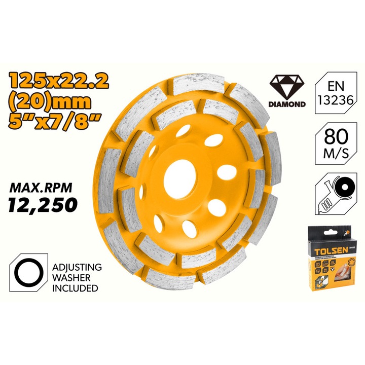 Disc diamantat Turbo TOLSEN 125 mm, Segmente duble, Slefuit beton, Lama 20 buc, Durabilitate ridicata, Ideal pentru aplicatii profesionale si industriale