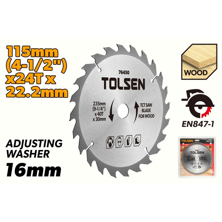 Disc circular TOLSEN 115mm x 22.2mm x 24T cu vidia pentru lemn, compatibil cu inel reductie 16mm, ideal pentru taieturi rapide si precise in lemn cu scule electrice compacte