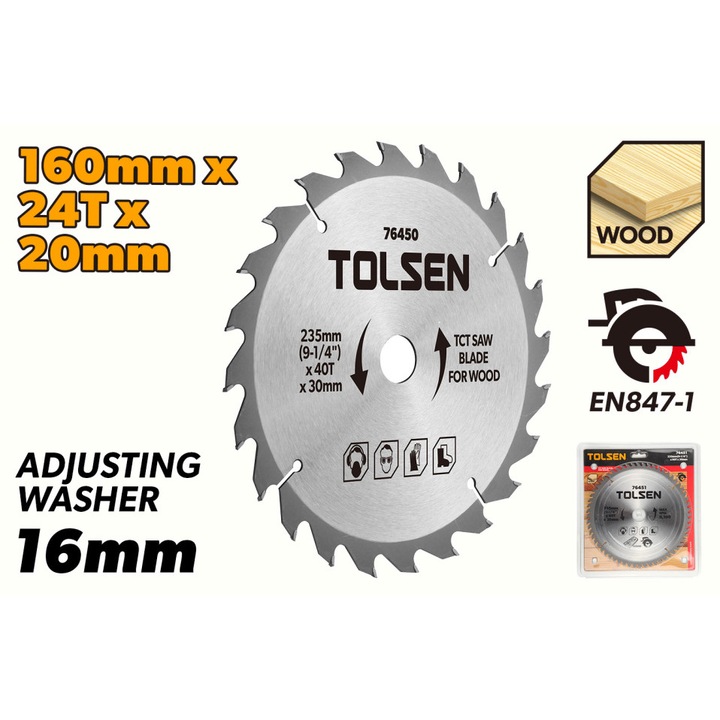 Disc circular TOLSEN 160mm x 20mm x 24T cu vidia pentru lemn, compatibil cu inel reductie 16mm, pentru debitare rapida si eficienta in lemn moale si tare