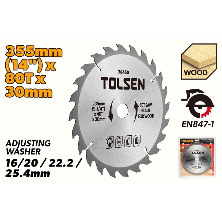 Disc circular TOLSEN 355mm x 30mm x 80T pentru lemn, cu vidia, compatibil cu reductii 16/20/22.2/25.4mm, ideal pentru debitare precisa si curata a lemnului