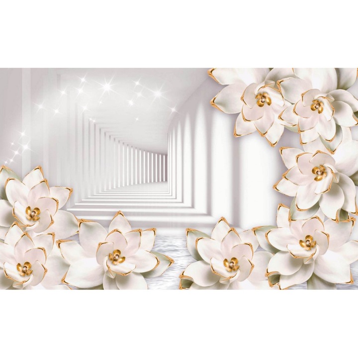 Fototapet 3D, Flori albe cu elemente aurii pe fundalul unui tunel cu pereti albi, 400 x 250 cm