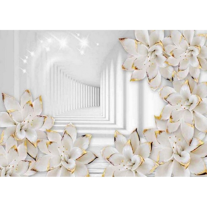 Fototapet 3D , Flori albe cu elemente de aur intr tunel alb, 400 x 250 cm