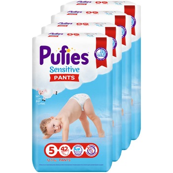 Pachet 4 x Scutece-chilotel Pufies Pants Sensitive, 5 Junior, 12-17 kg, 168 buc Pachet 4 x Scutece-chilotel Pufies Pants Sensitive, 5 Junior, 12-17 kg, 168 buc