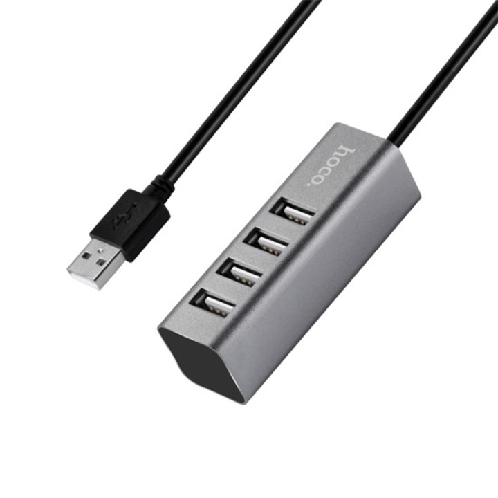 Hub USB pasiv, Hoco, Splitter 4 canale, USB 2.0, 80 cm, Gri