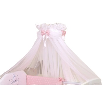 Baldachin din tul pentru patut bebe, Fundita cu stelute, Roz 160 x 600 cm, suport de prindere Baldachin din tul pentru patut bebe, Fundita cu stelute, Roz 160 x 600 cm, suport de prindere